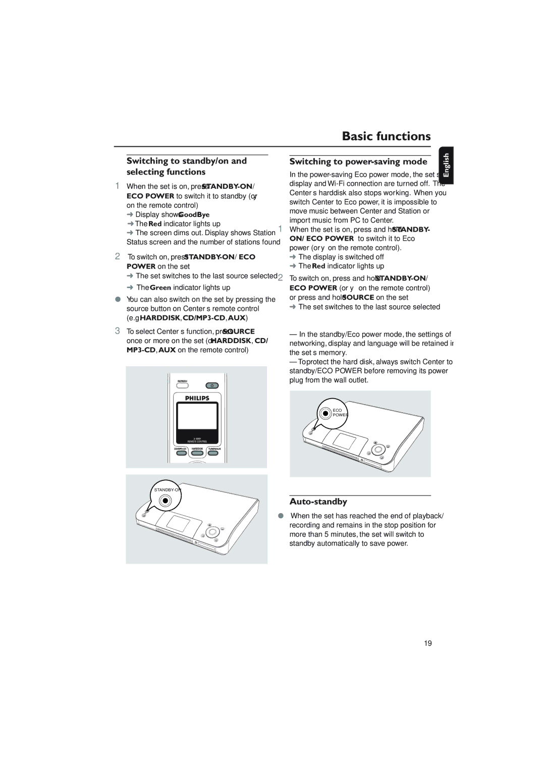 Philips WAC5 user manual Basic functions, Switching to standby/on and selecting functions, Switching to power-saving mode 