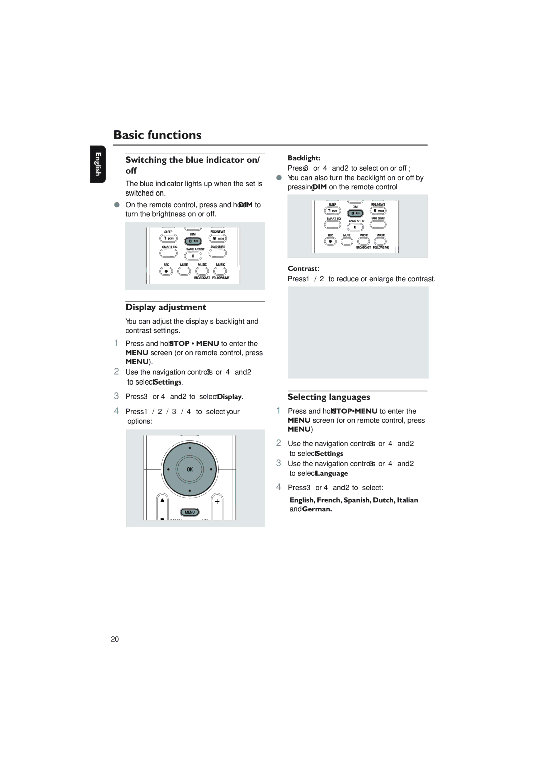 Philips WAC5 user manual Switching the blue indicator on/ off, Display adjustment, Selecting languages 