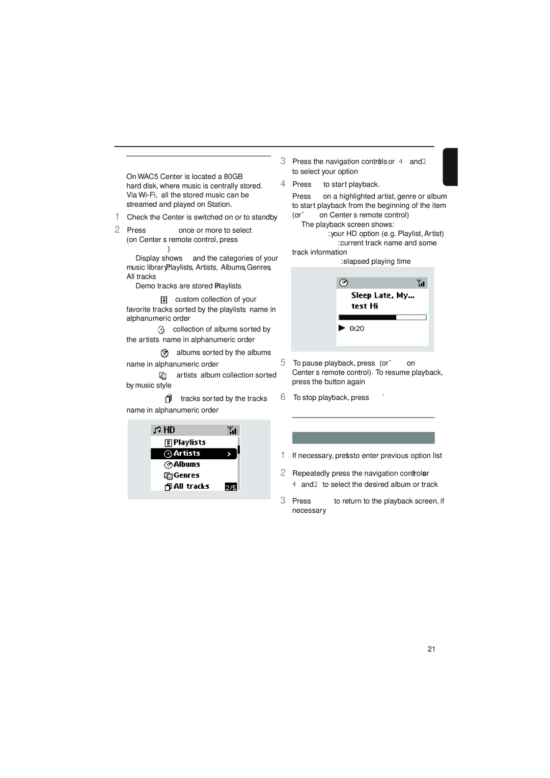 Philips WAC5 user manual Playing Harddisk HD, Selecting and searching, Selecting a different album or track 