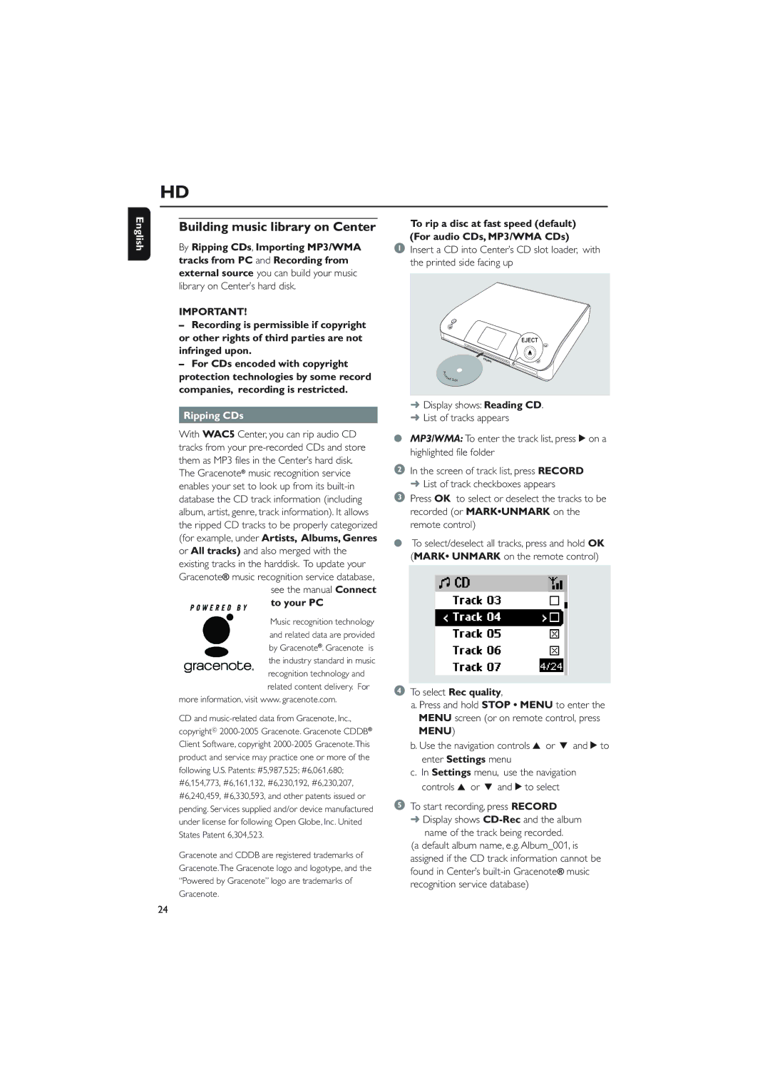 Philips WAC5 user manual Building music library on Center, Ripping CDs, See the manual Connect, To your PC 