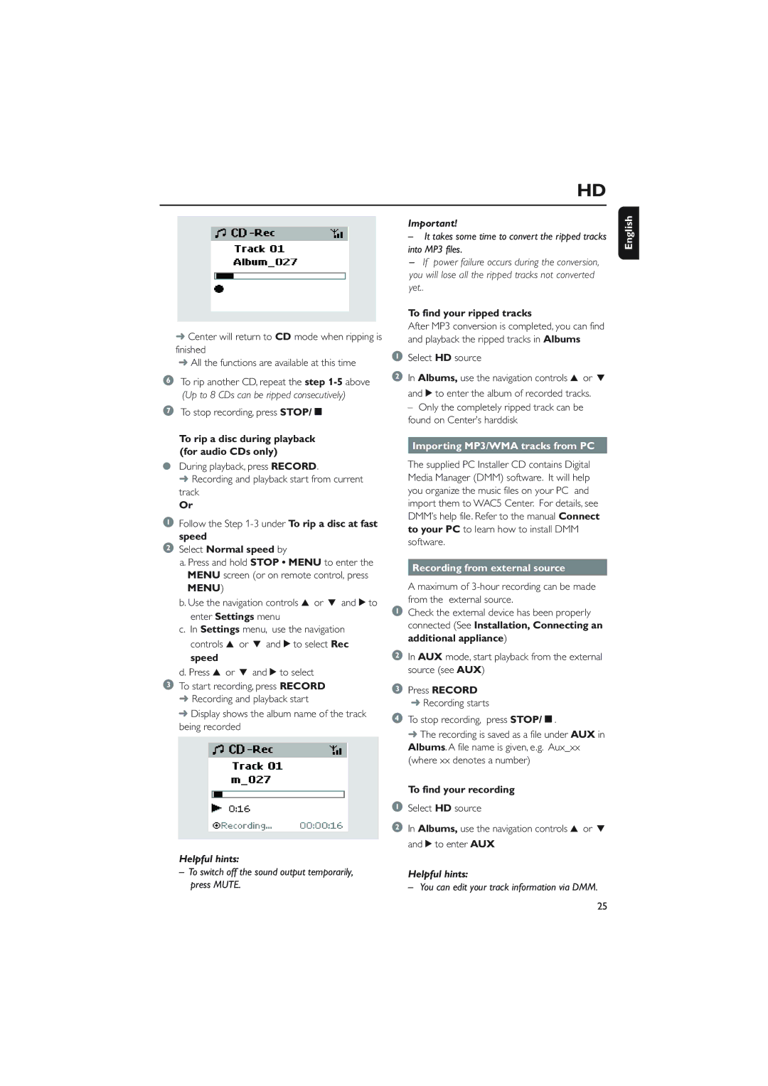 Philips WAC5 Select Normal speed by, To find your ripped tracks, Importing MP3/WMA tracks from PC, To find your recording 