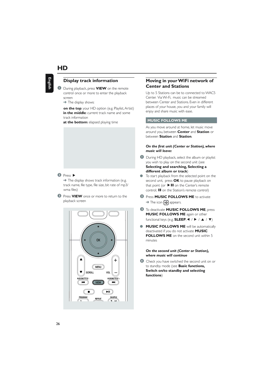 Philips WAC5 user manual Display track information, Moving in your WiFi network of Center and Stations 