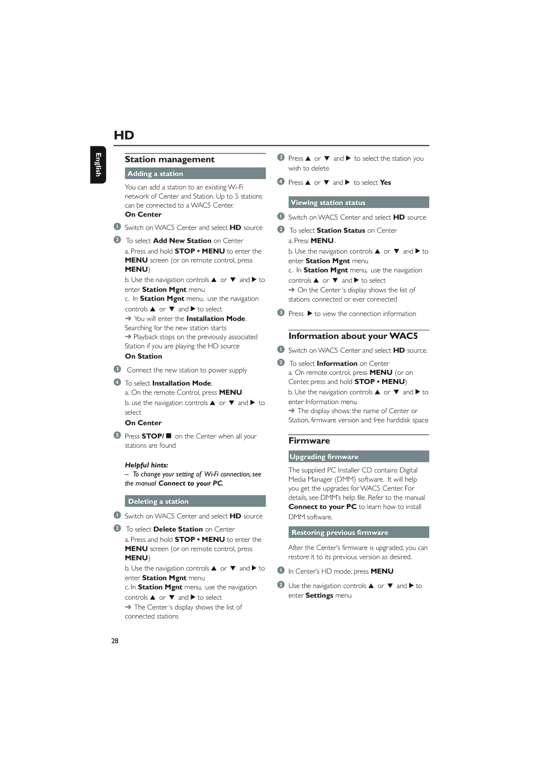 Philips user manual Station management, Information about your WAC5, Firmware 