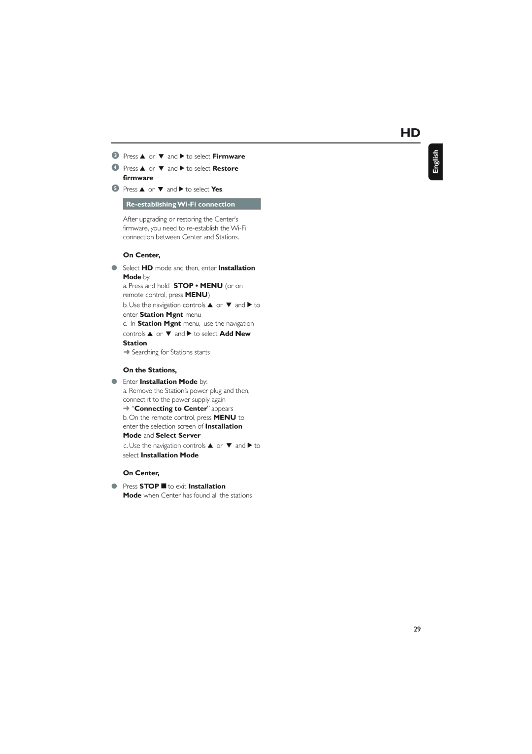 Philips WAC5 user manual Re-establishing Wi-Fi connection, On the Stations Enter Installation Mode by 