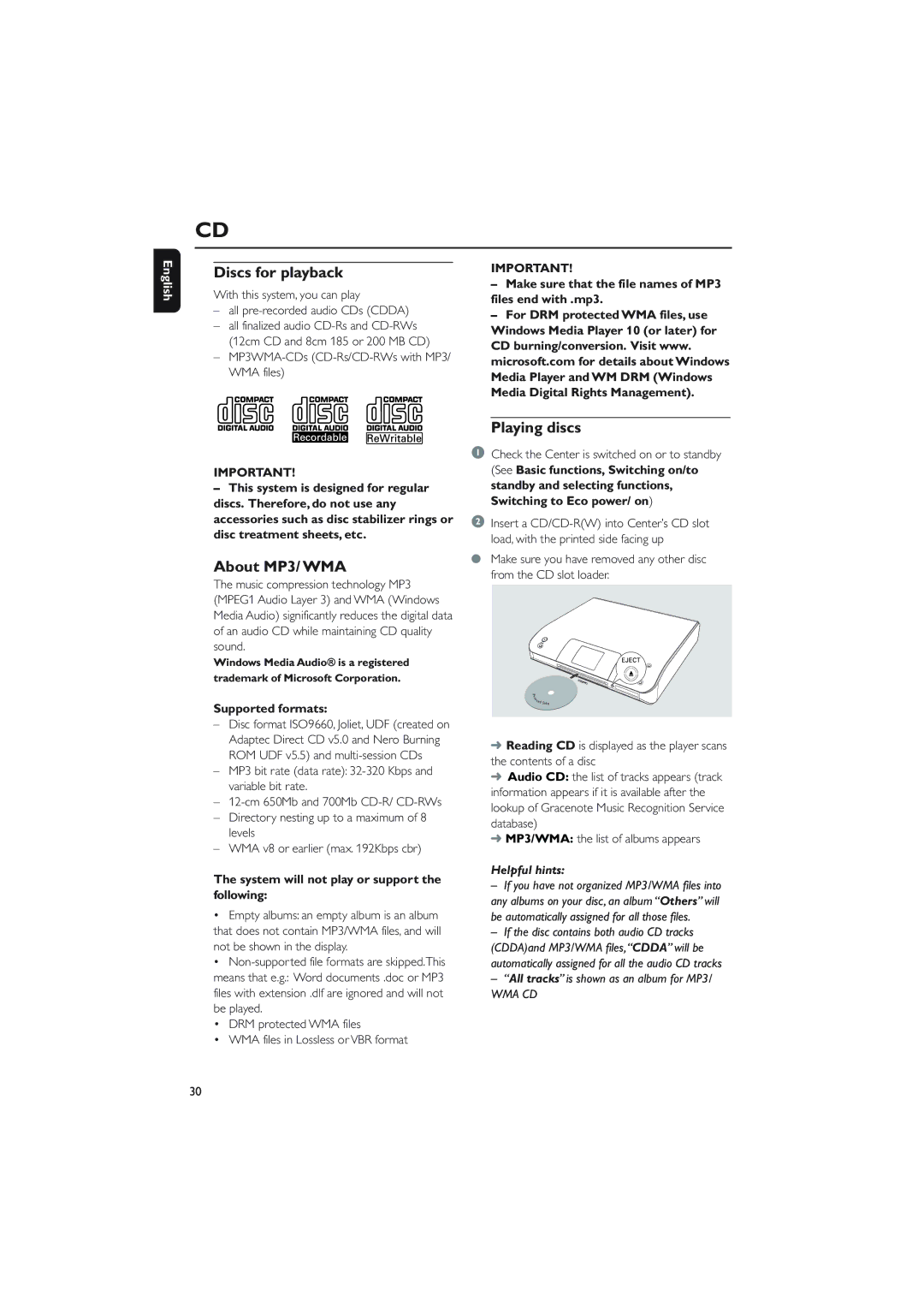 Philips WAC5 user manual Discs for playback, About MP3/ WMA, Playing discs 