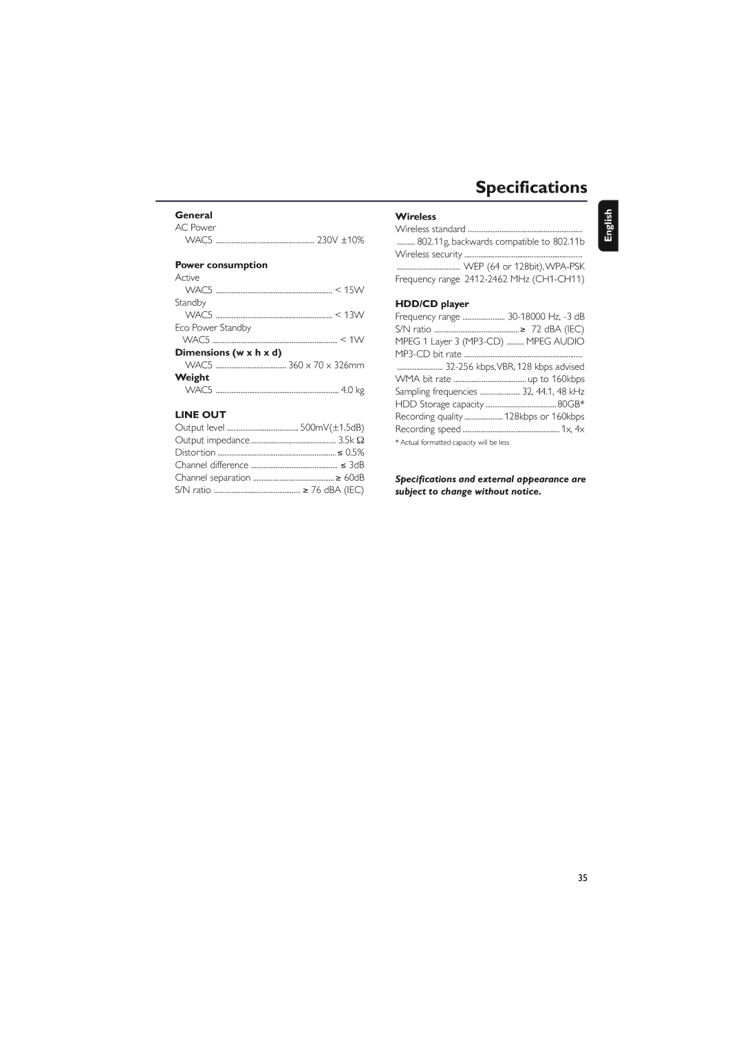 Philips WAC5 user manual Specifications 