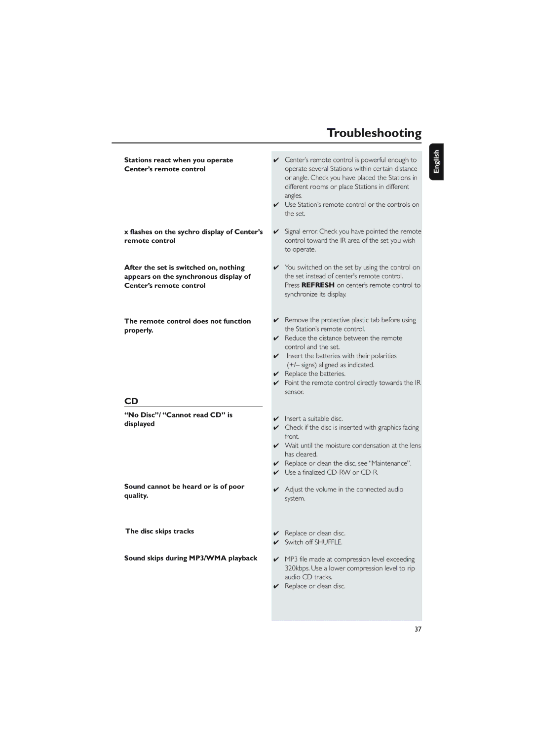 Philips WAC5 user manual Flashes on the sychro display of Center’s remote control 