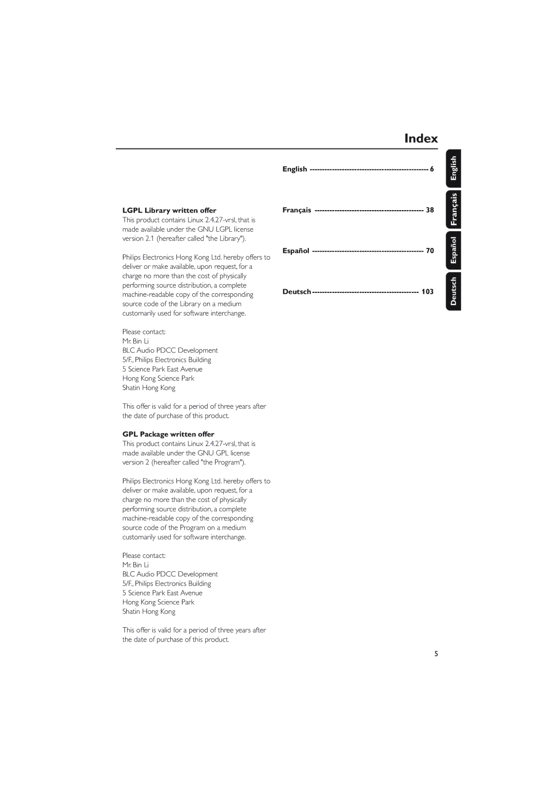 Philips WAC5 user manual Lgpl Library written offer, GPL Package written offer, Español Deutsch 