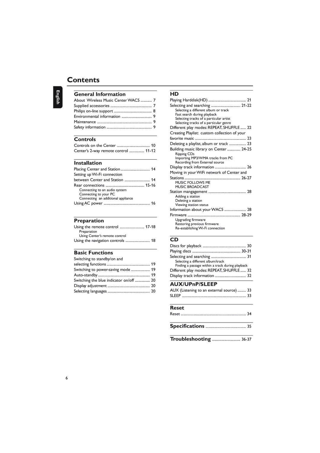 Philips WAC5 user manual Contents 