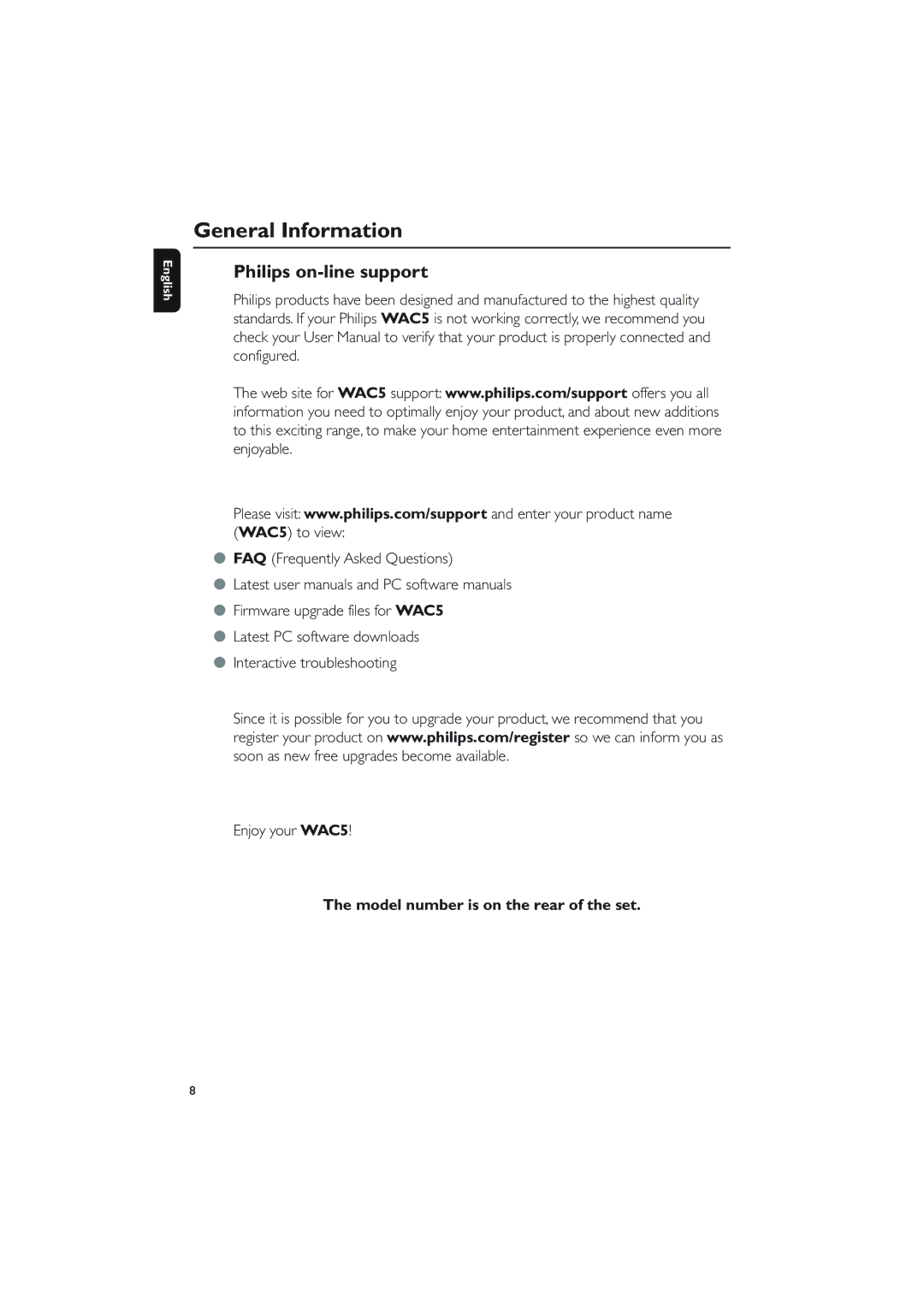 Philips WAC5 user manual Philips on-line support, Model number is on the rear of the set 