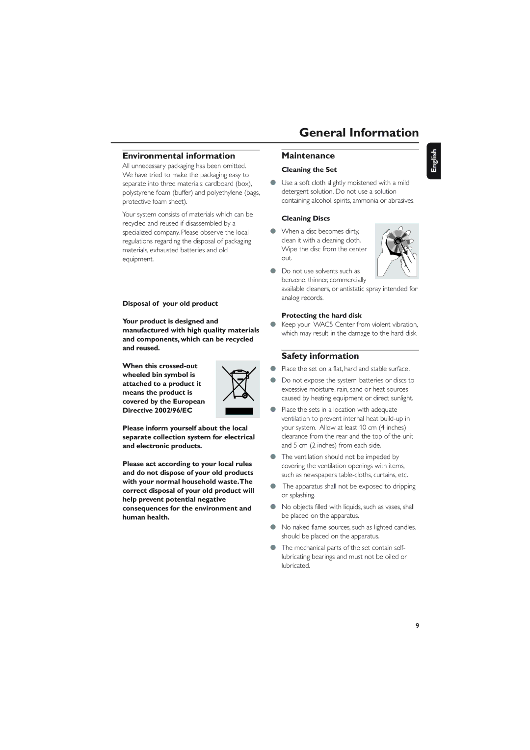 Philips WAC5 user manual Environmental information, Maintenance, Safety information 