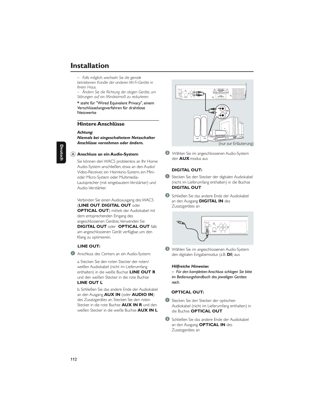 Philips WAC5 user manual Hintere Anschlüsse, Line OUT L, Digital OUT, Optical OUT 