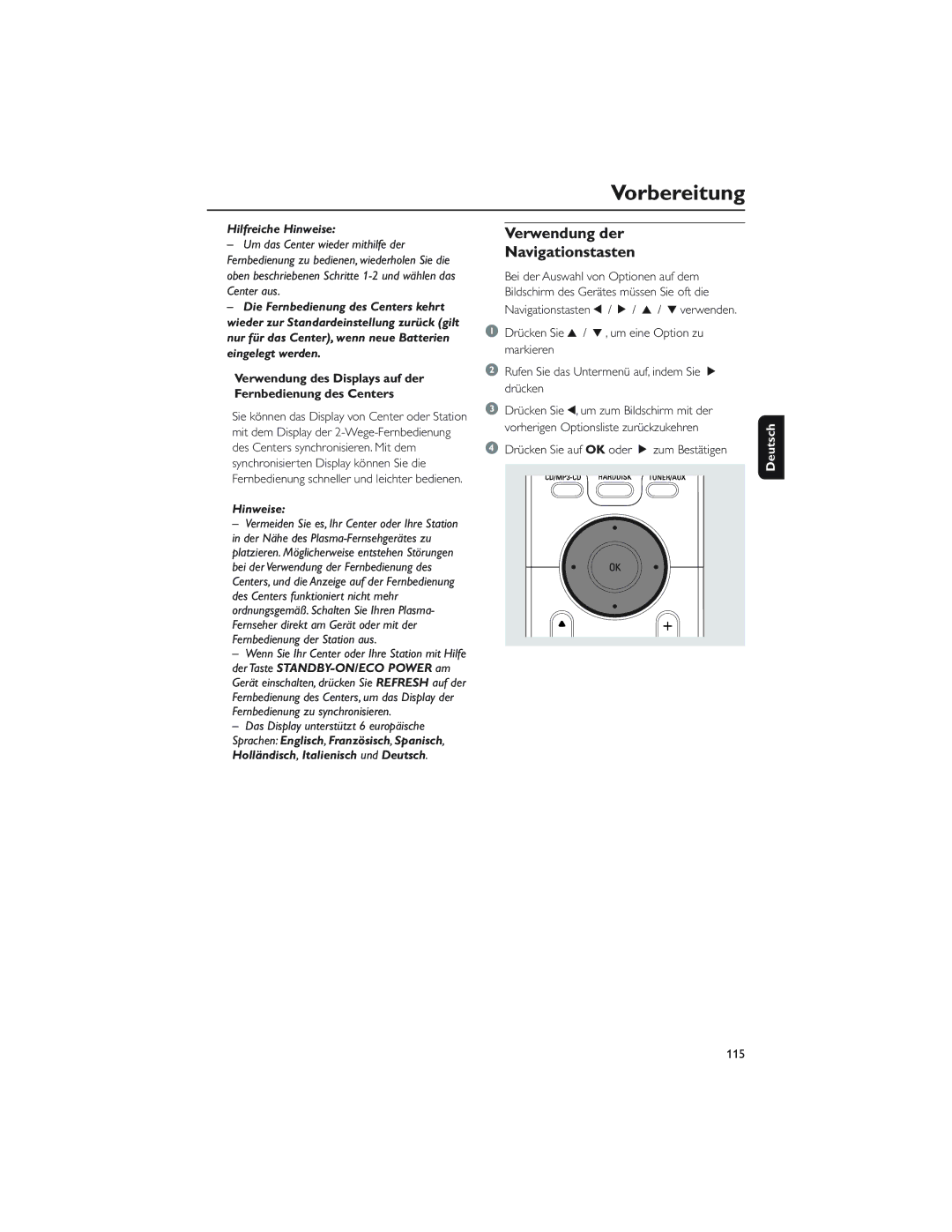 Philips WAC5 user manual Verwendung der Navigationstasten, Drücken Sie auf OK oder 2 zum Bestätigen 