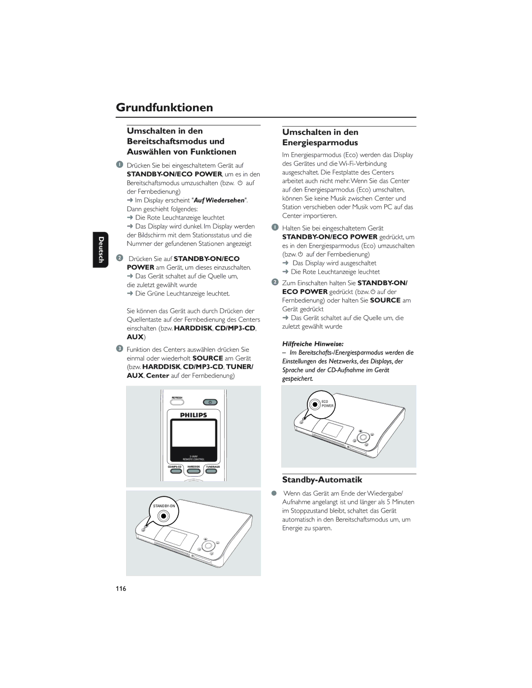 Philips WAC5 user manual Grundfunktionen, Umschalten in den Energiesparmodus, Standby-Automatik, Aux 