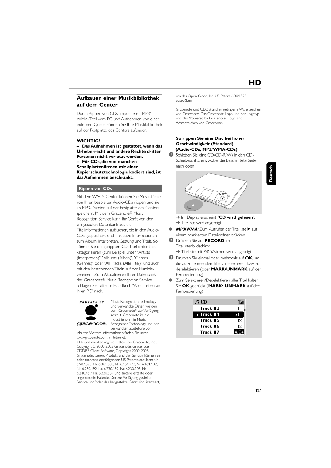 Philips WAC5 user manual Rippen von CDs, Deselektieren oder Markunmark auf der Fernbedienung, 121 