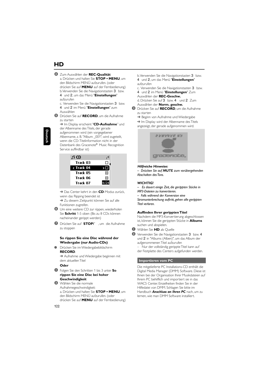 Philips WAC5 user manual Oder, Geschwindigkeit, Auffinden Ihrer gerippten Titel, Importieren vom PC 