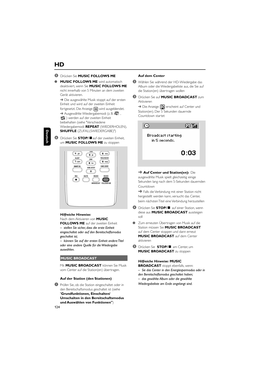 Philips WAC5 Ausgewählte Wiedergabemodi z. B, Drücken Sie auf Music Broadcast zum Aktivieren, Countdown startet, 124 