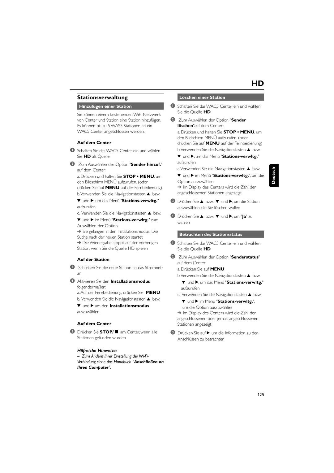 Philips WAC5 user manual Stationsverwaltung, Hinzufügen einer Station, Löschen einer Station, Betrachten des Stationsstatus 