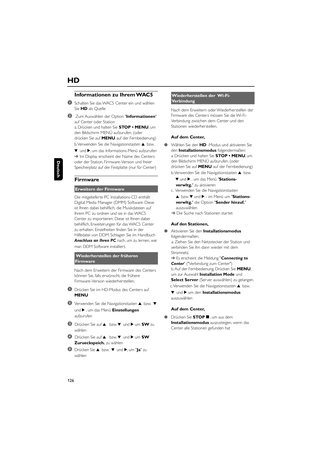 Philips user manual Informationen zu Ihrem WAC5, Erweitern der Firmware, Wiederherstellen der früheren Firmware 