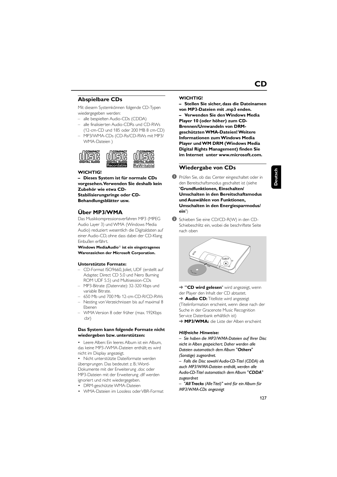 Philips WAC5 user manual Abspielbare CDs, Über MP3/WMA, Wiedergabe von CDs, Unterstützte Formate 