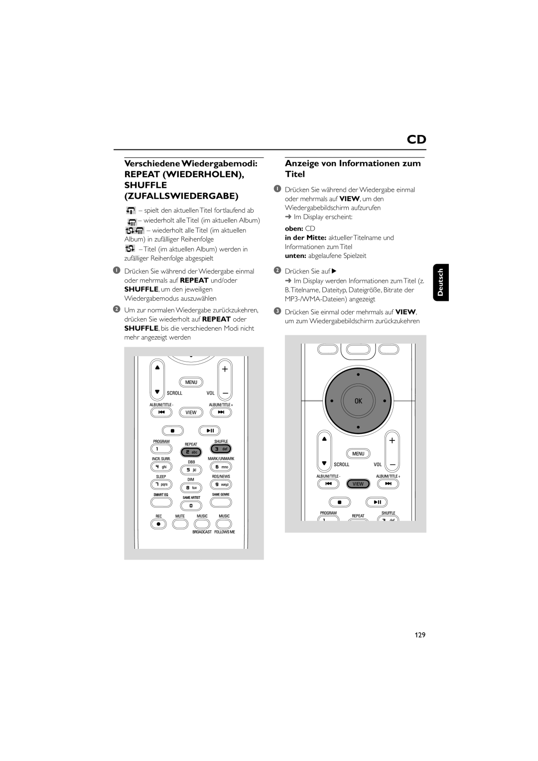 Philips WAC5 user manual Repeat Wiederholen Shuffle Zufallswiedergabe, Oben CD 