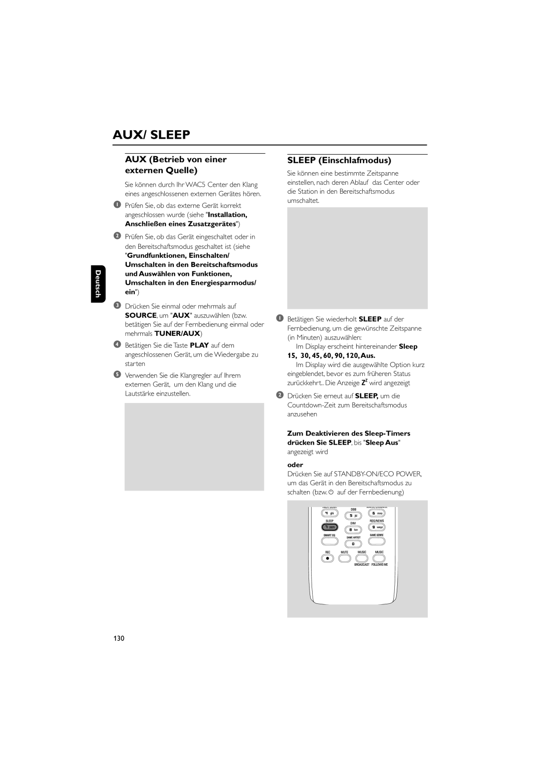 Philips WAC5 user manual AUX Betrieb von einer externen Quelle, Sleep Einschlafmodus 