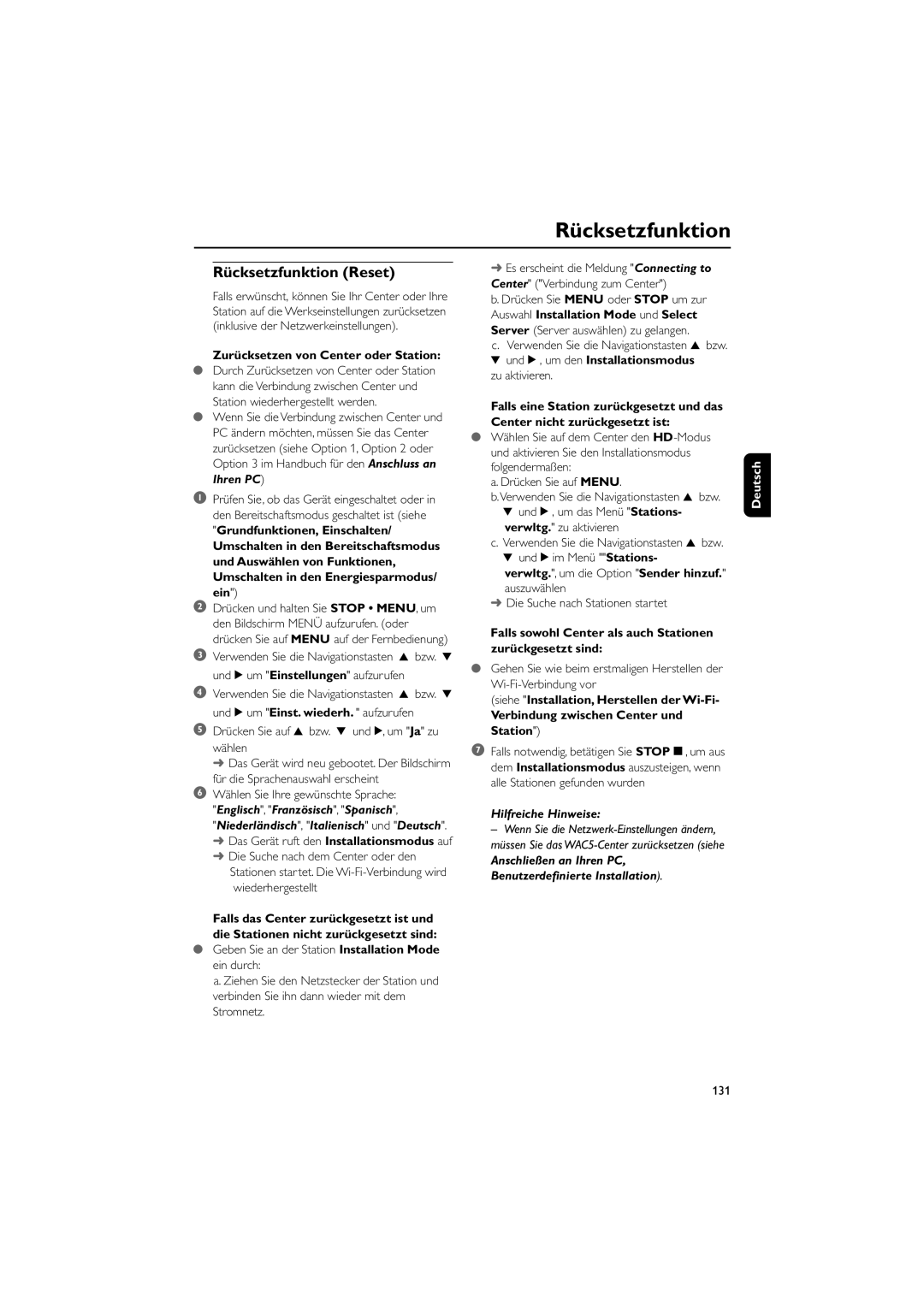 Philips WAC5 user manual Rücksetzfunktion Reset, Zurücksetzen von Center oder Station 