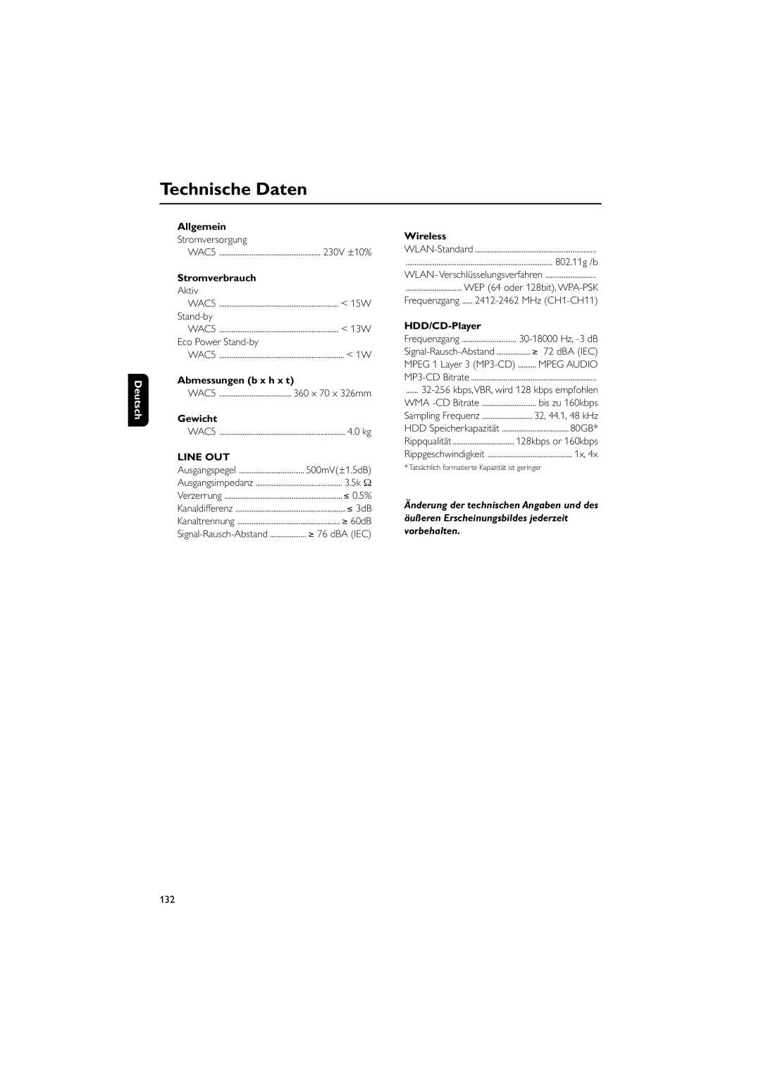 Philips WAC5 user manual Technische Daten 