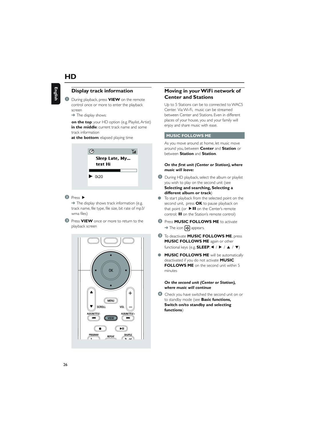 Philips WAC5 user manual Display track information, English, Music Follows Me, Switch on/to standby and selecting functions 