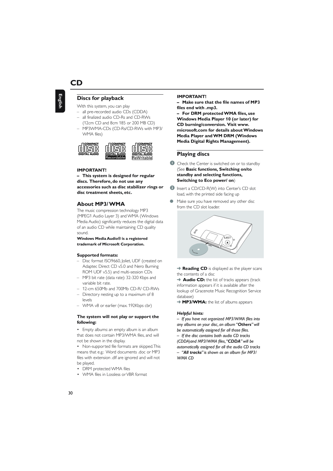Philips WAC5 user manual Discs for playback, About MP3/ WMA, Playing discs, English, Supported formats, Helpful hints 