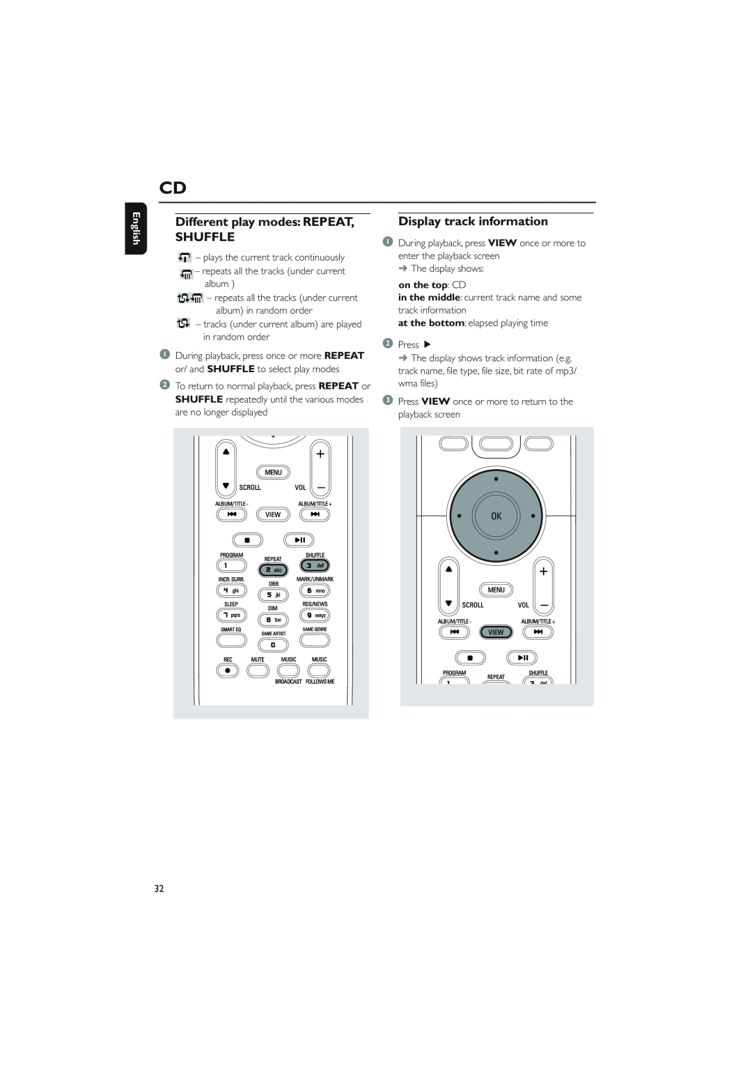 Philips WAC5 user manual Different play modes REPEAT, SHUFFLE, Display track information, English, on the top CD 