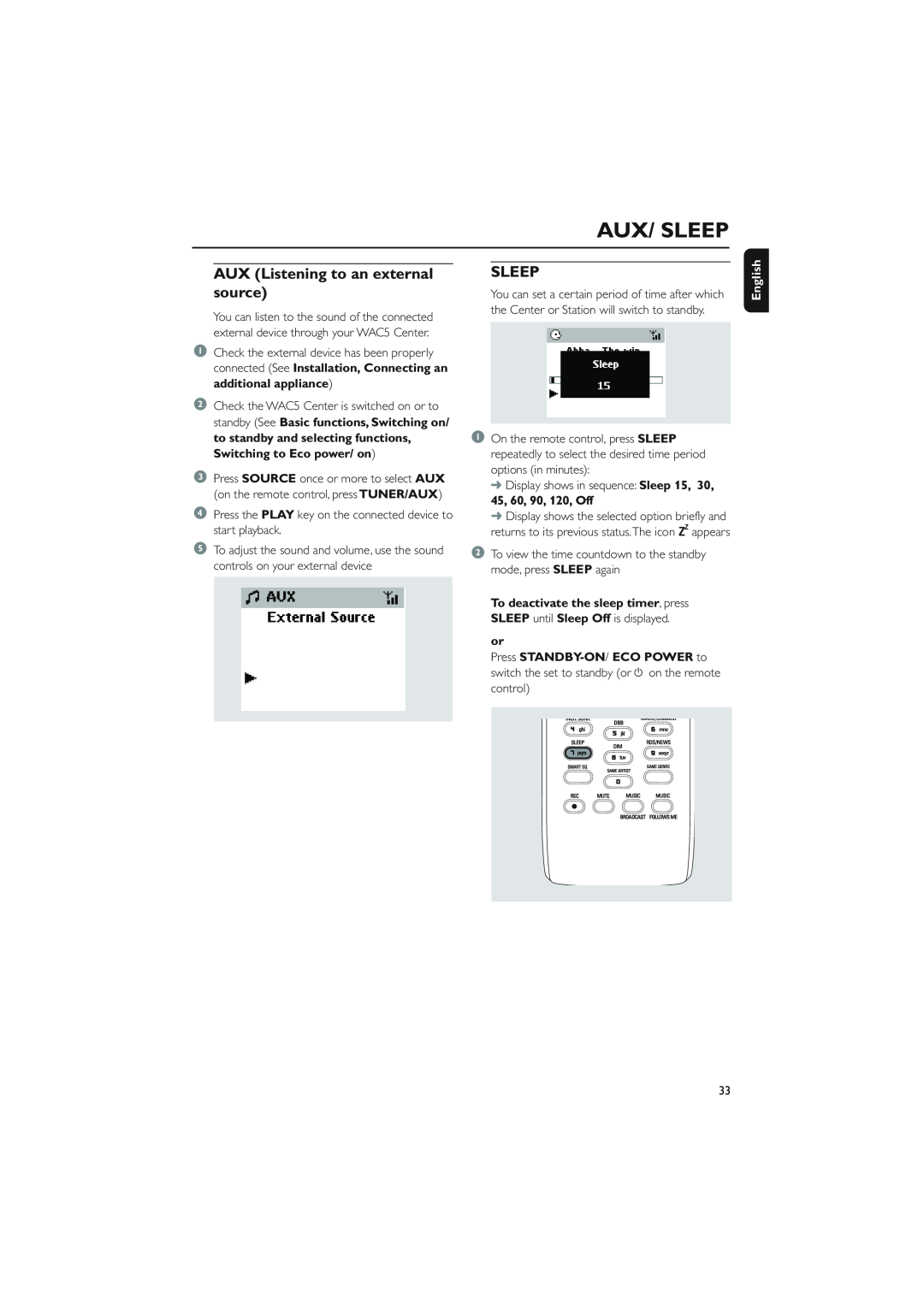 Philips WAC5 user manual Aux/ Sleep, AUX Listening to an external source, English 