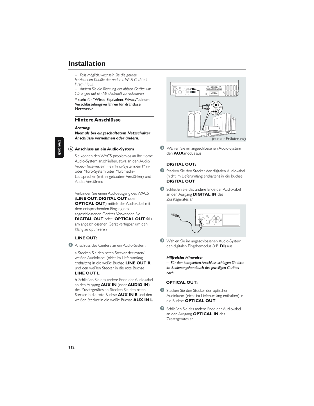 Philips WAC5 user manual Hintere Anschlüsse, Installation, Deutsch, Achtung, AAnschluss an ein Audio-System, Line Out L 