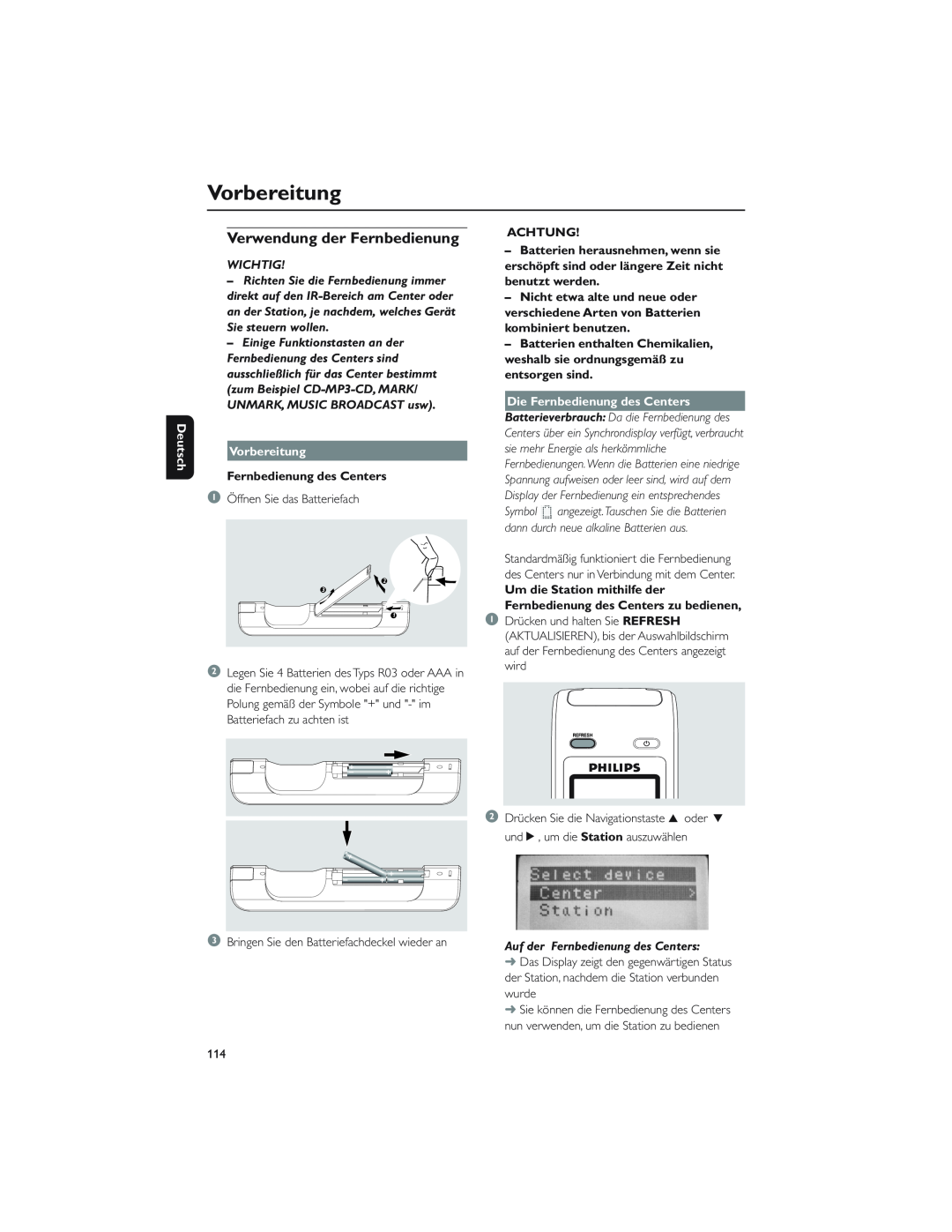 Philips WAC5 user manual Vorbereitung, Verwendung der Fernbedienung, Deutsch, Wichtig, Fernbedienung des Centers, Achtung 