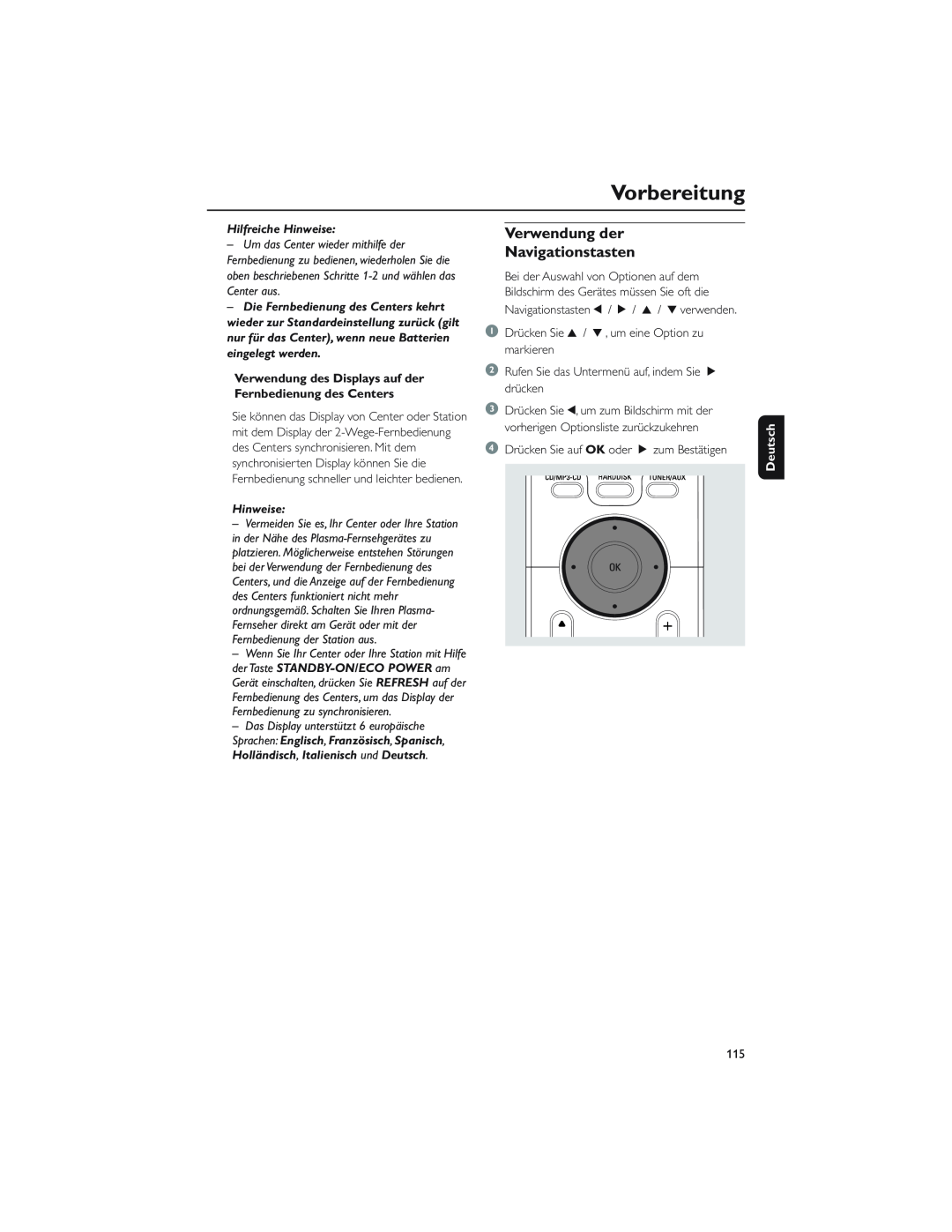 Philips WAC5 user manual Verwendung der Navigationstasten, Vorbereitung, Hilfreiche Hinweise, Deutsch 
