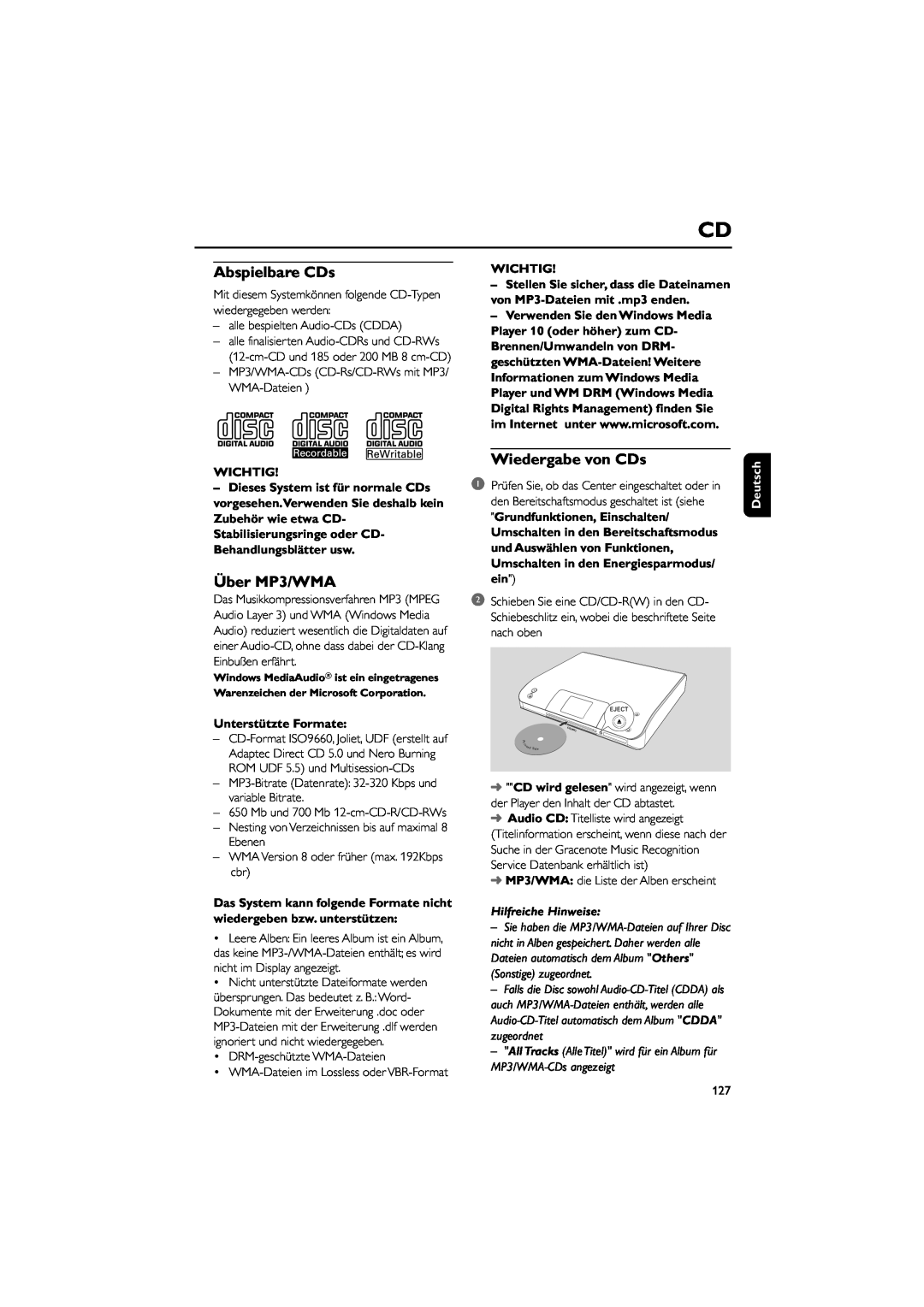 Philips WAC5 Abspielbare CDs, Über MP3/WMA, Wiedergabe von CDs, Wichtig, Unterstützte Formate, Hilfreiche Hinweise 