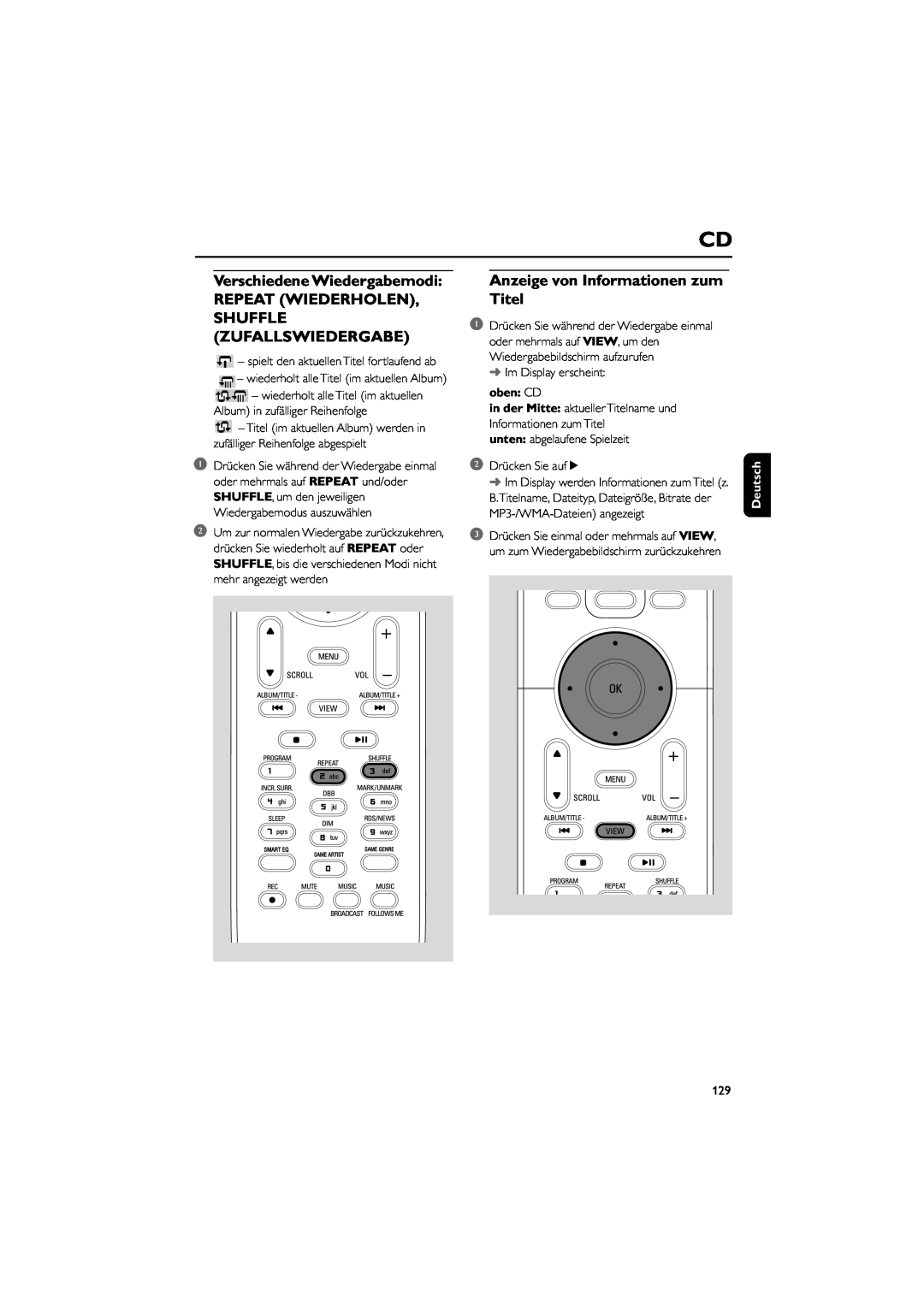 Philips WAC5 user manual Verschiedene Wiedergabemodi REPEAT WIEDERHOLEN, Shuffle Zufallswiedergabe, oben CD, Deutsch 
