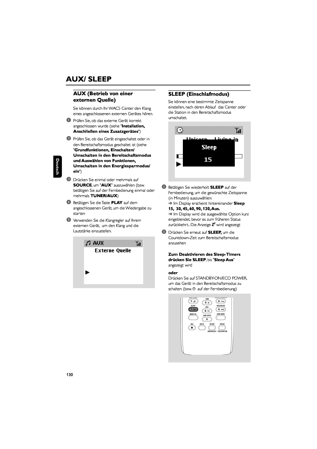 Philips WAC5 user manual Aux/ Sleep, AUX Betrieb von einer externen Quelle, SLEEP Einschlafmodus, Deutsch, oder 