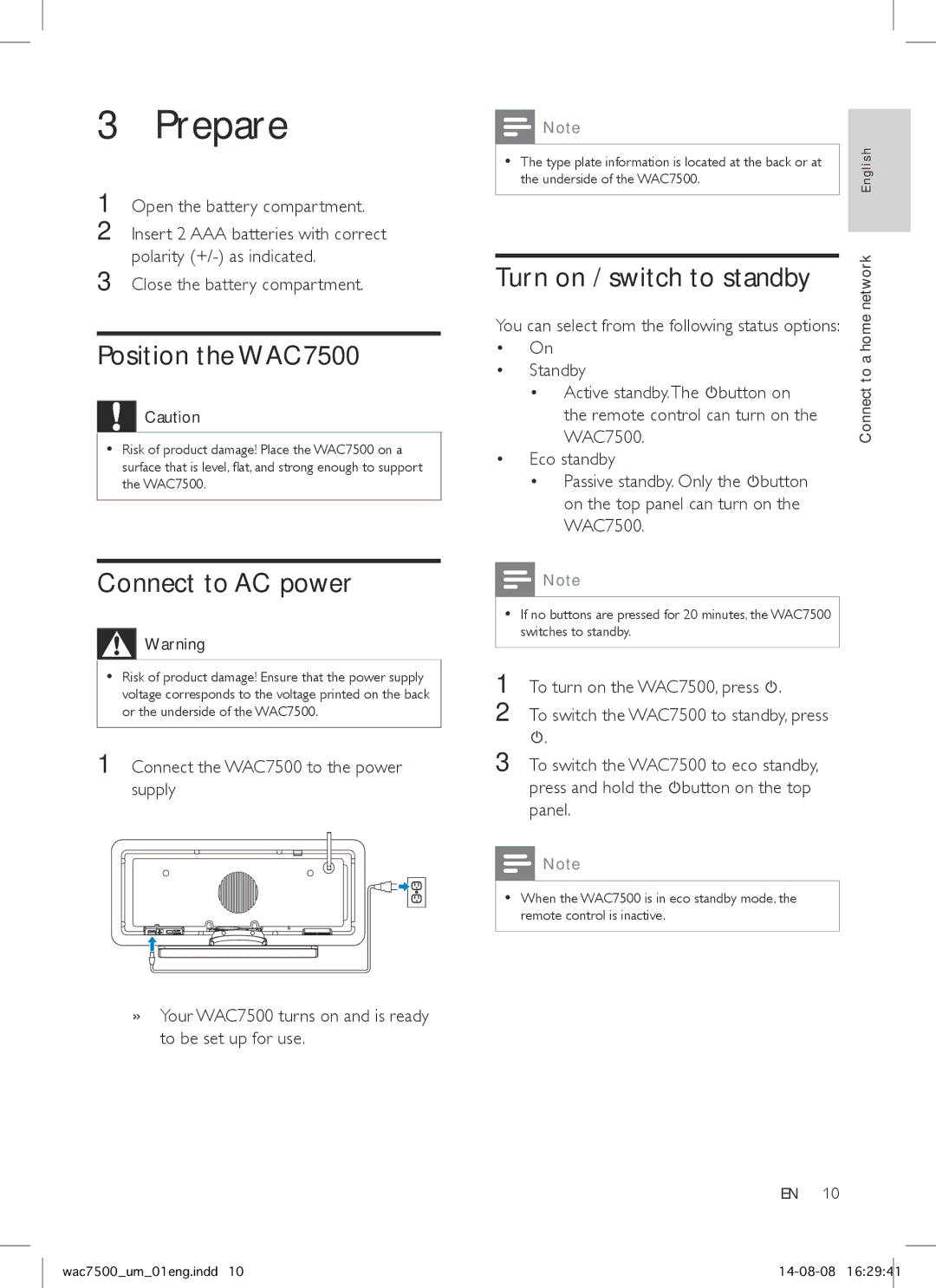 Philips user manual Prepare, Position the WAC7500, Connect to AC power, Turn on / switch to standby 