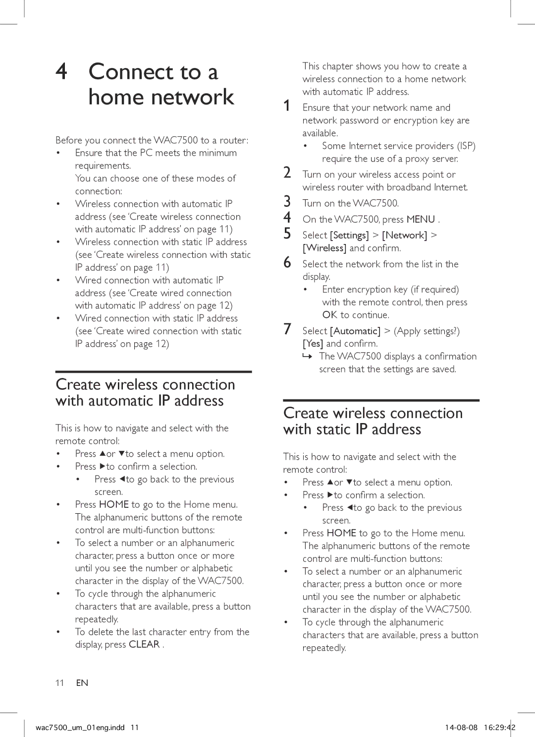 Philips WAC7500 user manual Connect to a home network 