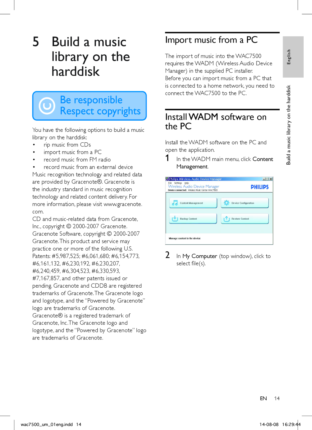 Philips WAC7500 user manual Import music from a PC, Install Wadm software on the PC 