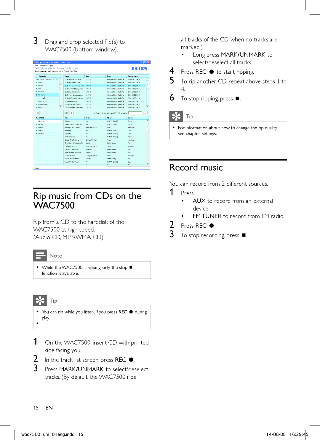 Philips user manual Rip music from CDs on the WAC7500, Record music 