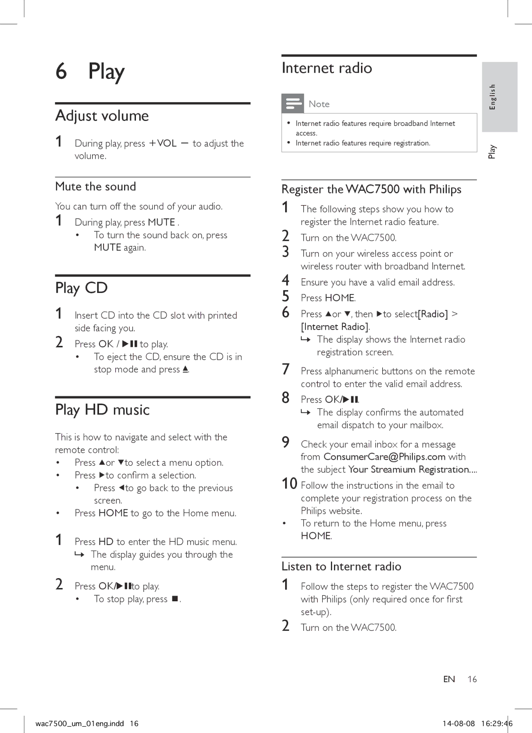Philips WAC7500 user manual Adjust volume, Play CD, Play HD music, Internet radio 