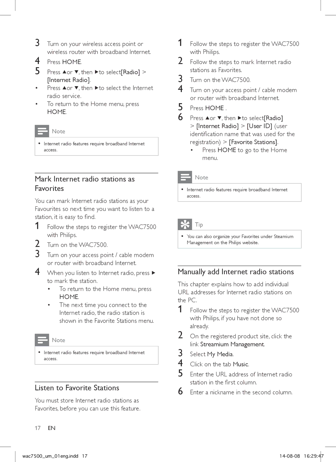 Philips WAC7500 user manual Mark Internet radio stations as Favorites, Listen to Favorite Stations 