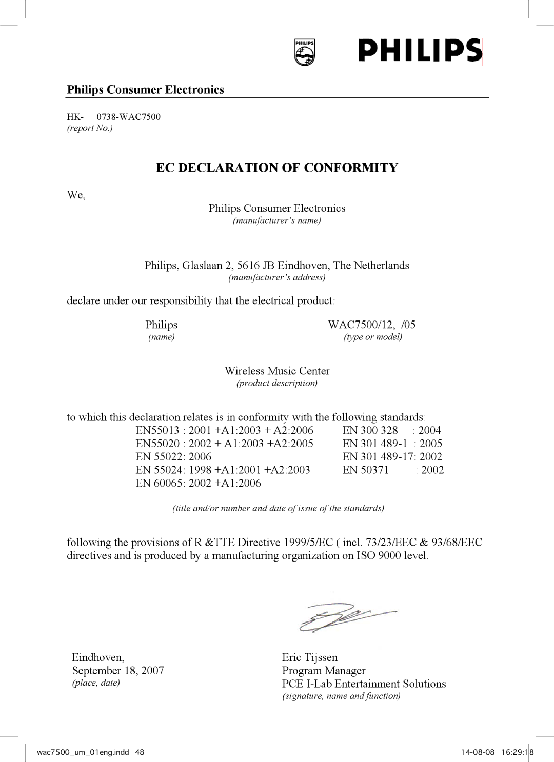 Philips WAC7500 user manual EC Declaration of Conformity 