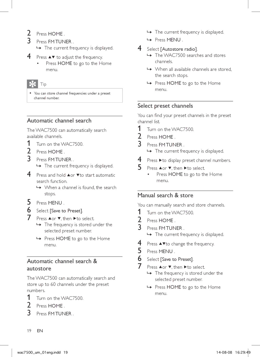 Philips WAC7500 user manual Automatic channel search & autostore, Select preset channels, Manual search & store 