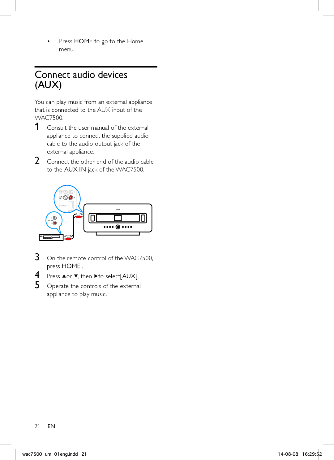 Philips WAC7500 user manual Connect audio devices AUX 