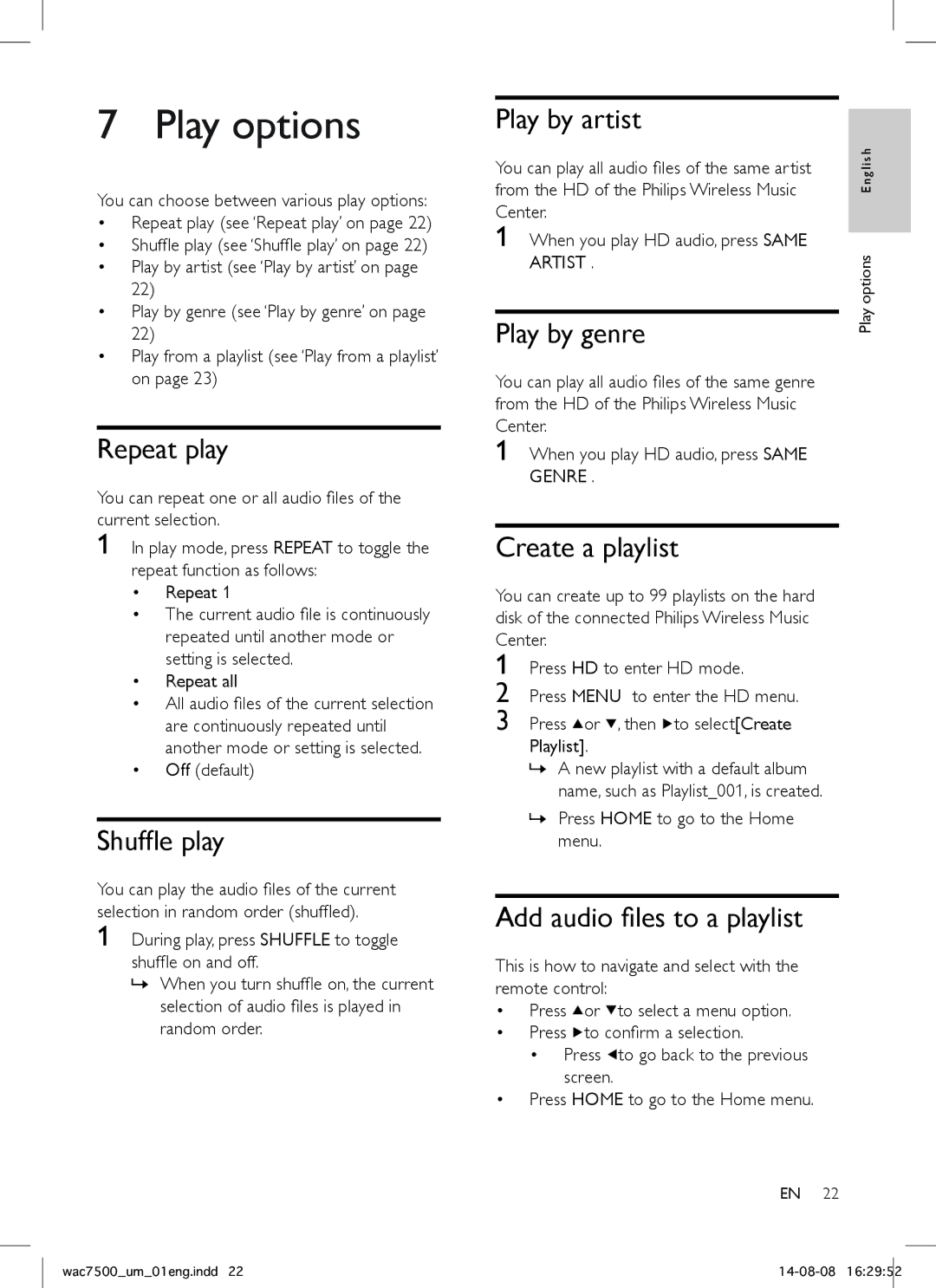 Philips WAC7500 user manual Play options 