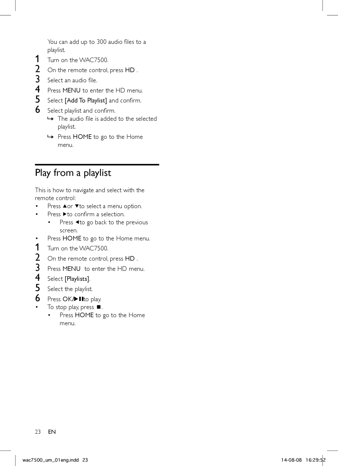 Philips WAC7500 user manual Play from a playlist, Select Playlists, Select the playlist 