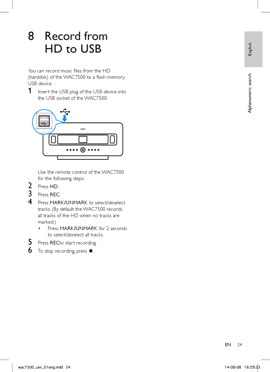 Philips WAC7500 user manual Record from HD to USB 